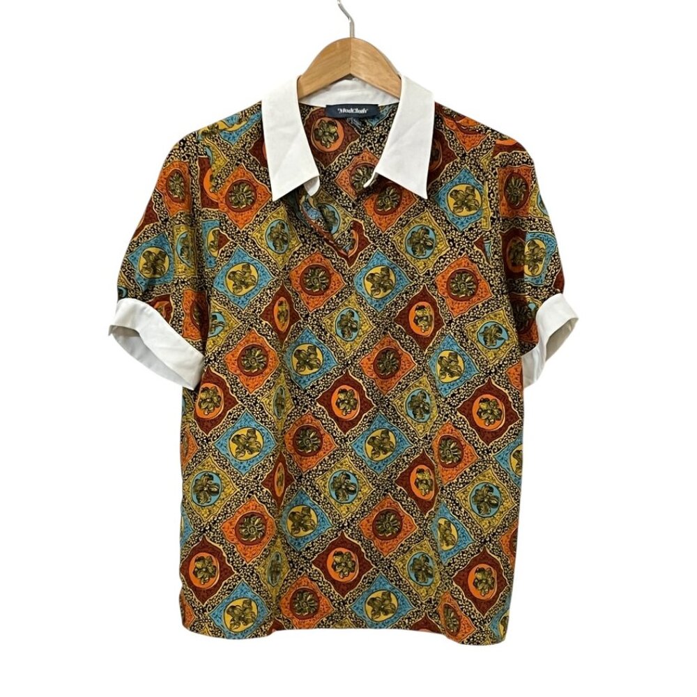 ModCloth Womens Retro Floral Button Up Blouse Size L Boho 70s Print Shirt